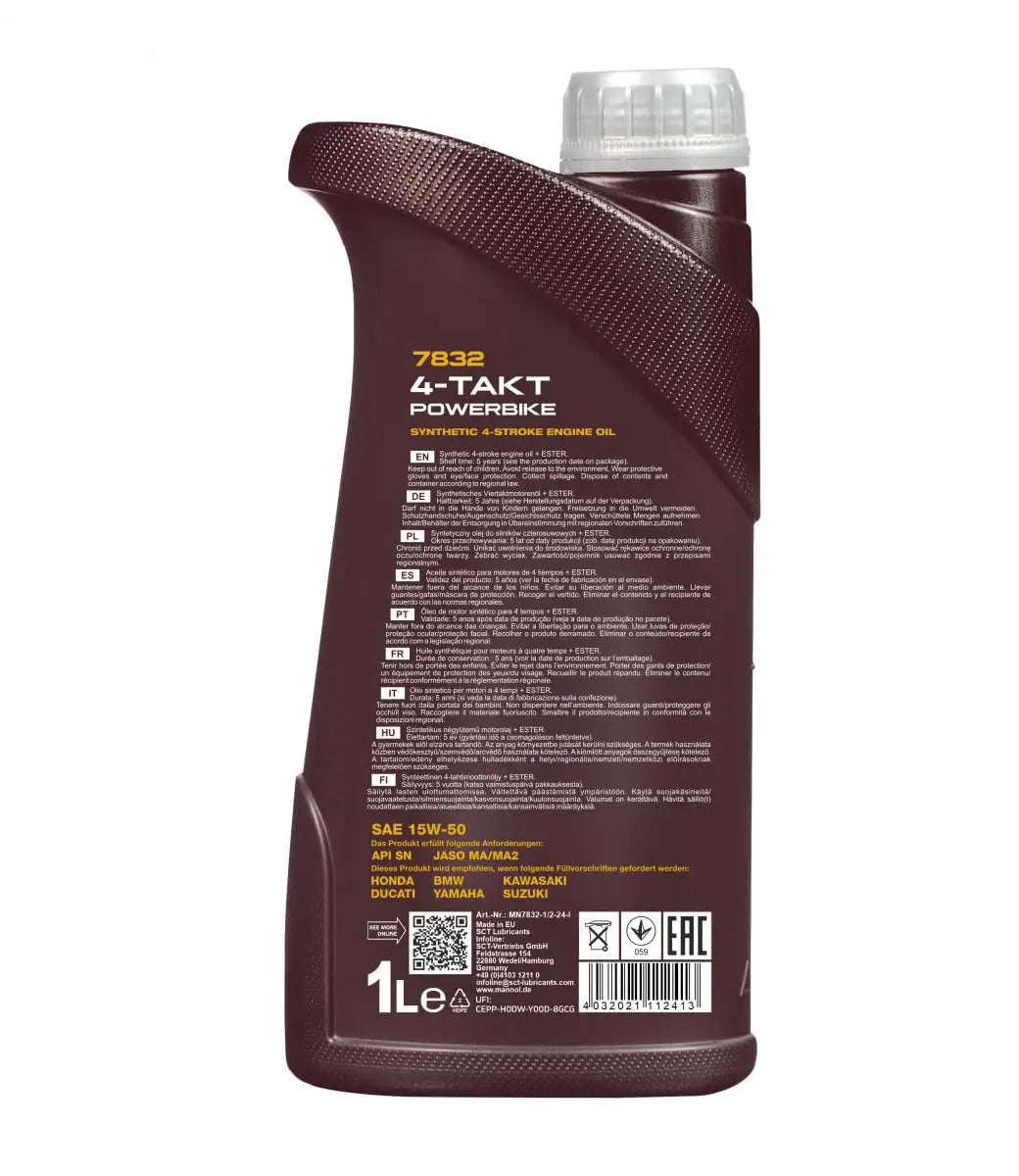 MANNOL 7832 4-Takt Powerbike 15W-50 Synthetic Ester Motorcycle Engine Oil| Imported from Germany
