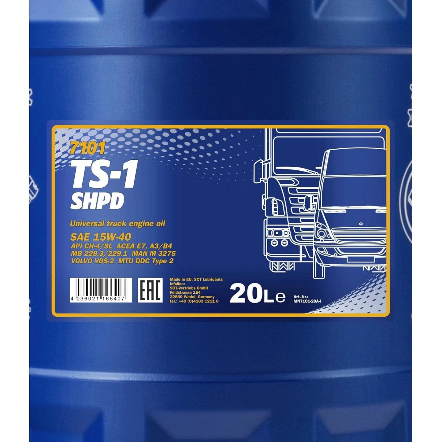 Mannol 7101 TS-1 SHPD 15W-40 (20L) – API CH-4/SL, ACEA E7 A3/B4 – Super High-Performance Diesel Engine Oil (Truck Special, Hydrosynthetic)