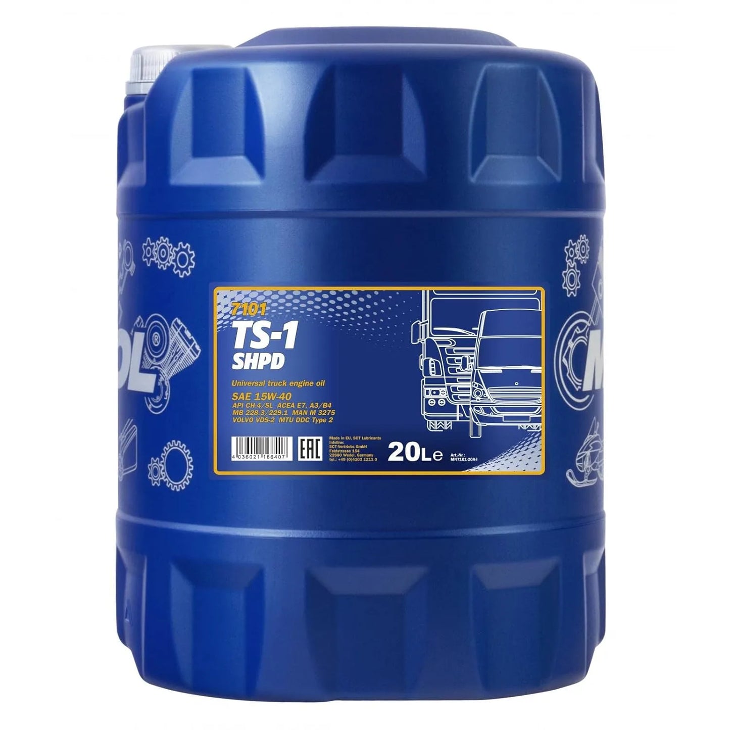 Mannol 7101 TS-1 SHPD 15W-40 (20L) – API CH-4/SL, ACEA E7 A3/B4 – Super High-Performance Diesel Engine Oil (Truck Special, Hydrosynthetic)