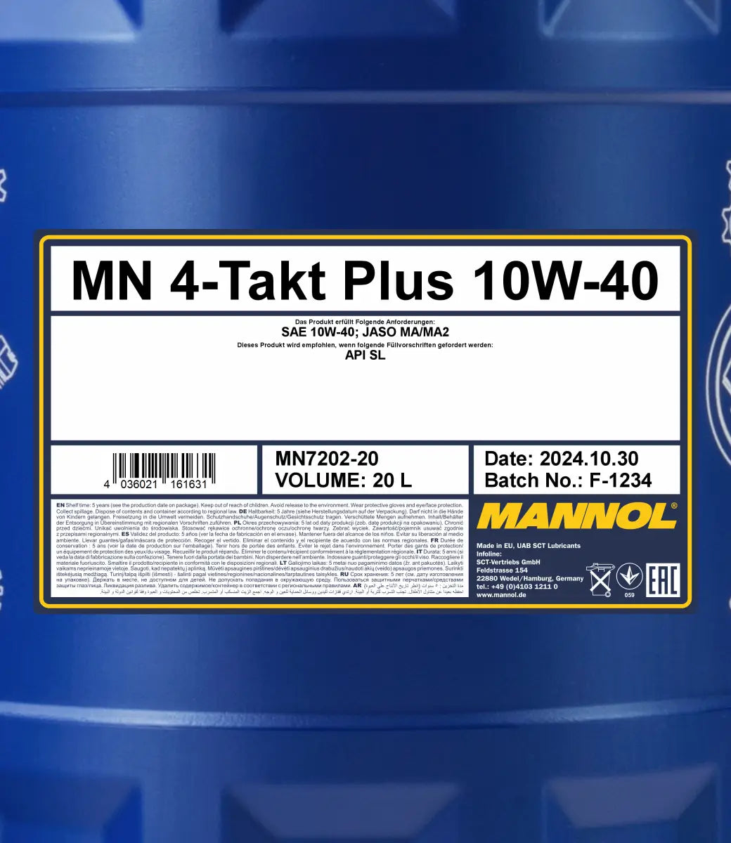 MANNOL 7202 10W-40 Engine Oil - 4-TAKT PLUS SAE 10W-40 API SL Semi-Synthetic (1L) | Imported from Germany