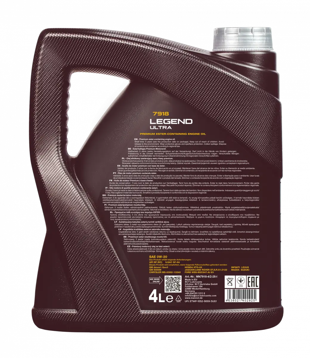 Mannol 7918 Legend Ultra 0W-20 Engine Oil - Bi-Synthetic API SP Energy Saving Formula | Imported from Germany