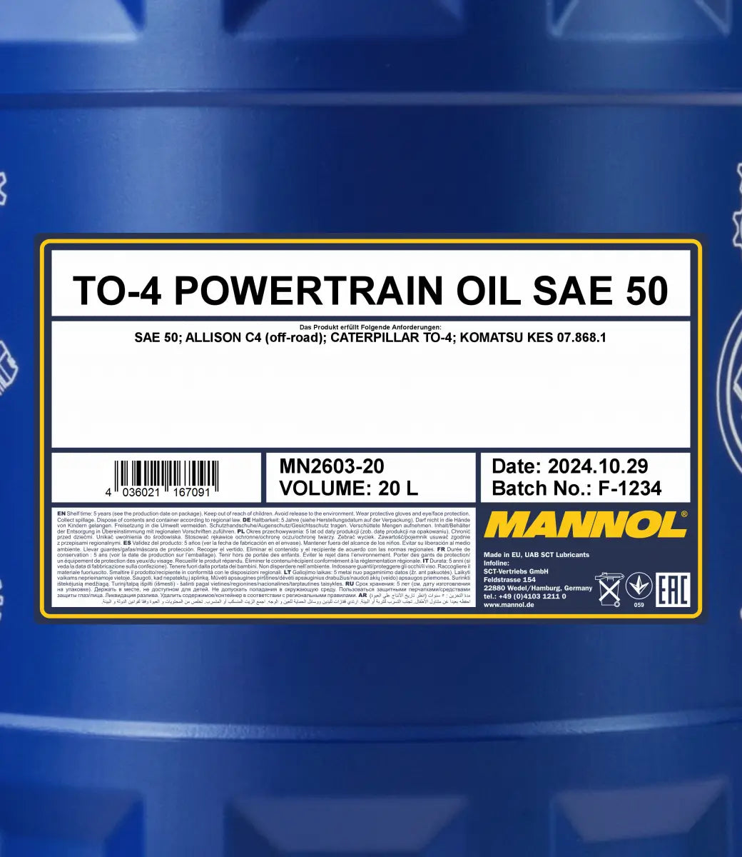 MANNOL 2603 TO-4 Powertrain Oil SAE 50 2603 | Heavy-Duty Differential & Drive Oil