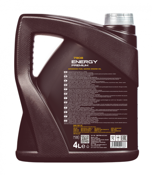 MANNOL 7908 Energy Premium SAE 5W-30 (4L) API SN/CH-4 ACEA C2 ACEA C3 ESTER CONTAINING SYNTHETIC ENGINE OIL FOR PETROL AND DIESEL ENGINES OF CARS,SUV CARS IMPORTED FROM GERMANY 4L