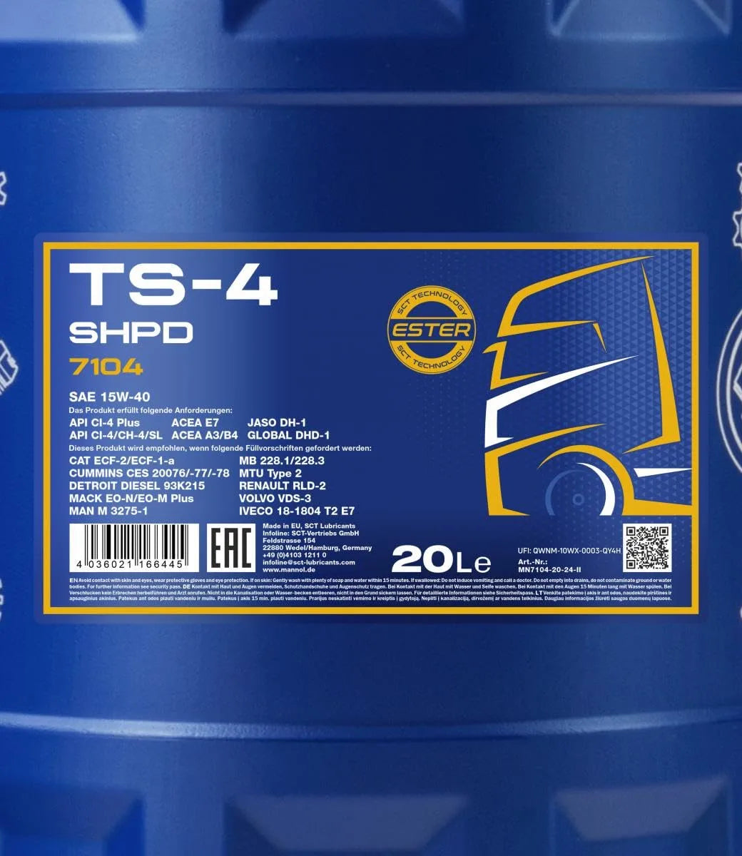 MANNOL 7104 TS-4 SHPD 15W-40 - CI-4 Plus Mineral-Synthetic Diesel Engine Oil