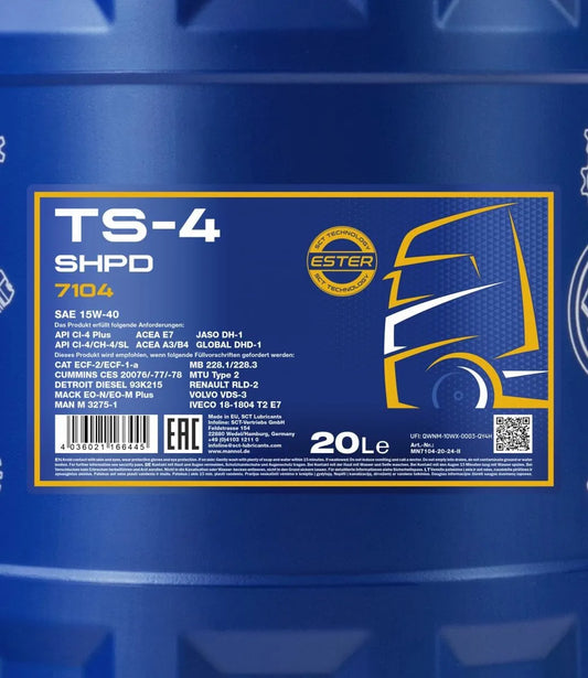 MANNOL 7104 TS-4 SHPD 15W-40 - CI-4 Plus Mineral-Synthetic Diesel Engine Oil