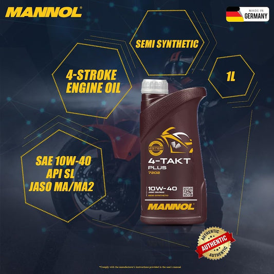 MANNOL 7202 ESTER 4T Semi-Synthetic 10W-40 Petrol Engine Oil 1L with 100ml Petrol Additive for Bikes