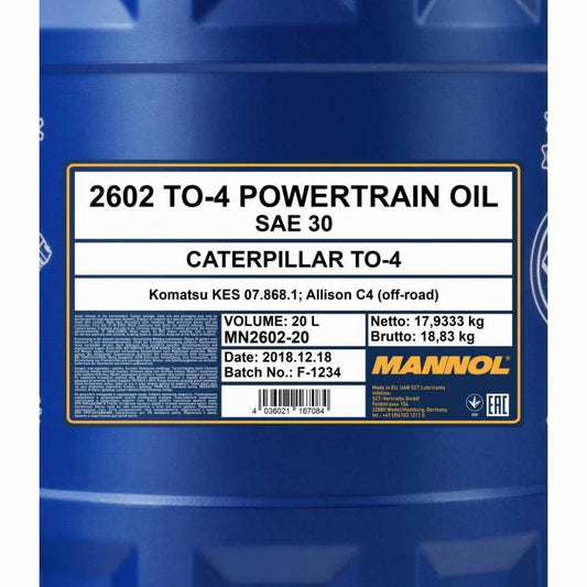 MANNOL 2602 TO-4 Powertrain Oil SAE 30 TDTO (Transmission/Drive Train Oil) 20 LITRES IMPORTED FROM GERMANY