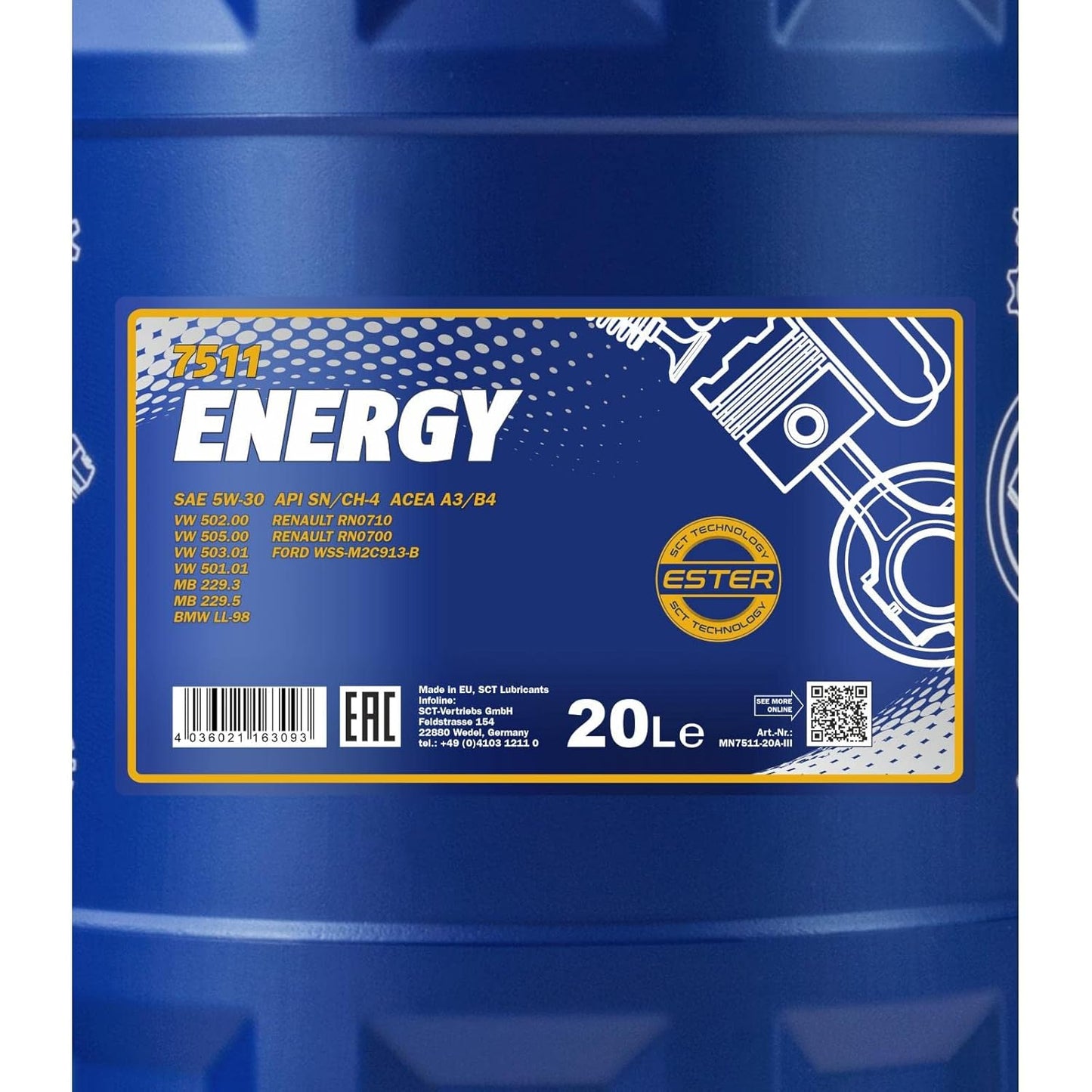 MANNOL 7511 Energy 5W-30 API SN/CH-4, ACEA A3/B4 Engine Oil for Modern Petrol and Diesel Engines