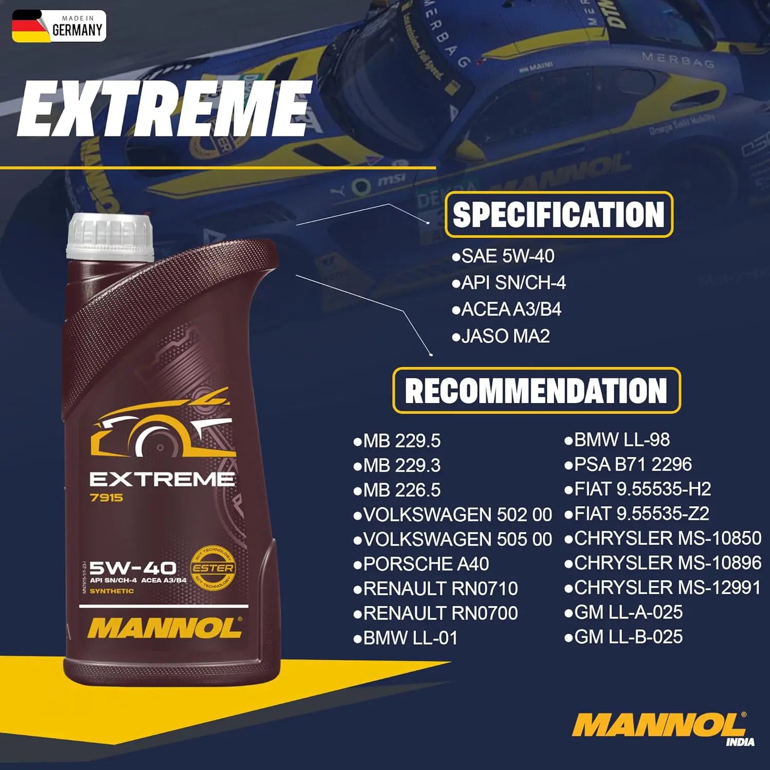 Mannol 7915 5W-40 Engine Oil - Extreme SAE 5W-40 ACEA A3/B4 Ester Synthetic | Imported from Germany