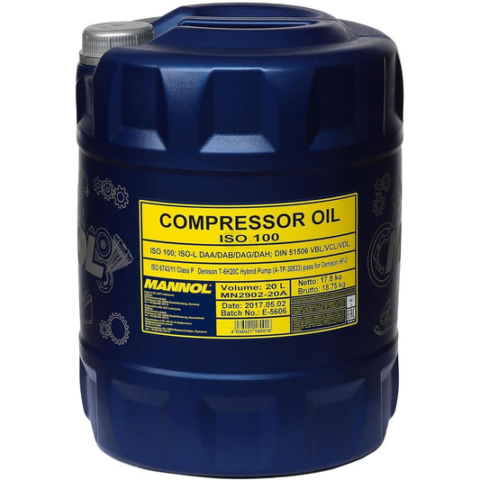 MANNOL Compressor Oil ISO 100 2902 Highly-Purified Paraffin | Low-Ash Mineral Compressor Oil with Extended Replacement Age IMPORTED FROM GERMANY (20L)