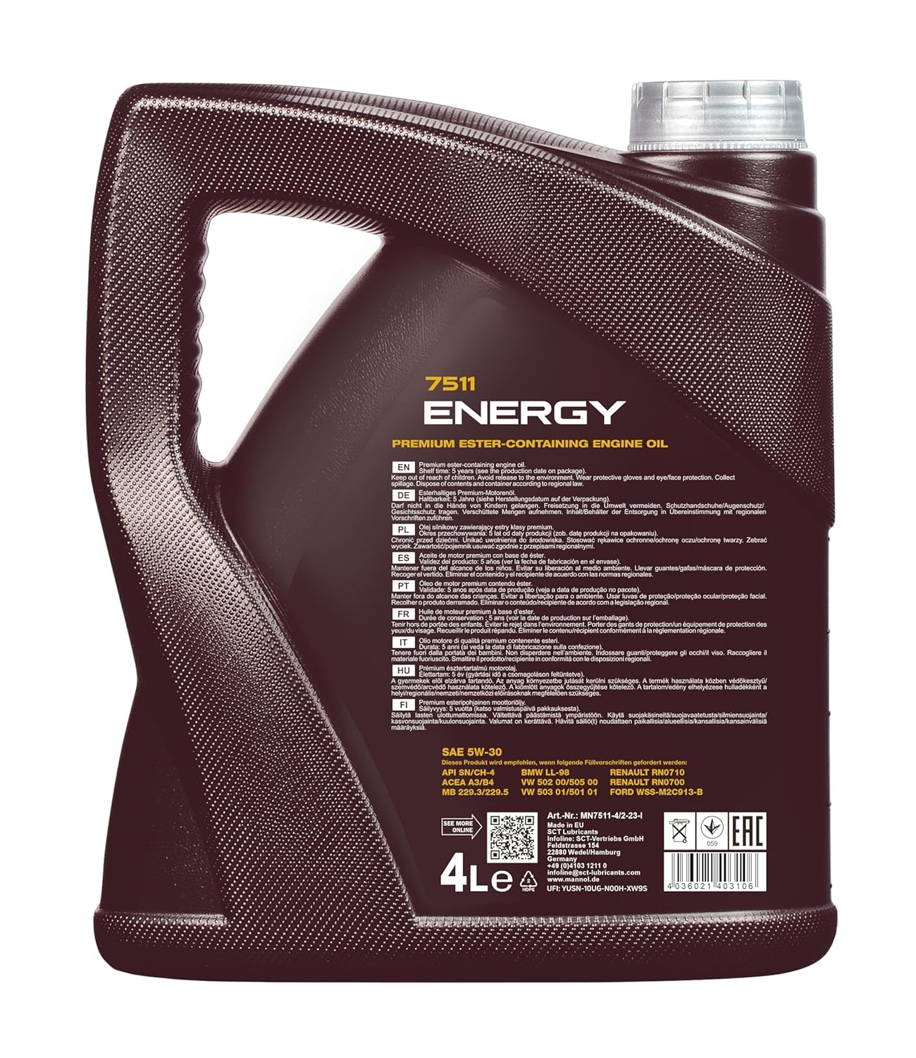 MANNOL 7511 Energy 5W-30 API SN/CH-4, ACEA A3/B4 Engine Oil for Modern Petrol and Diesel Engines