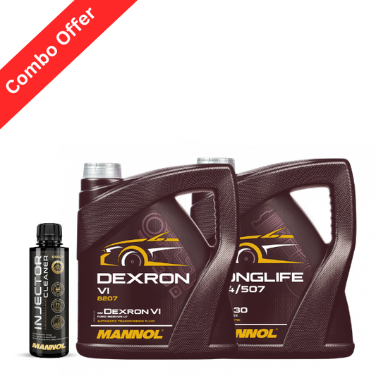MANNOL 7715 LONGLIFE 504/507 SAE 5W-30Fully Synthetic Engine Oil (5 L) + 9957 Injector Cleaner Fuel Injector Cleaner for Petrol Engines (250ML) +  8207 DEXRON VI ATF Fully Synthetic Gear Oil 4L Combo