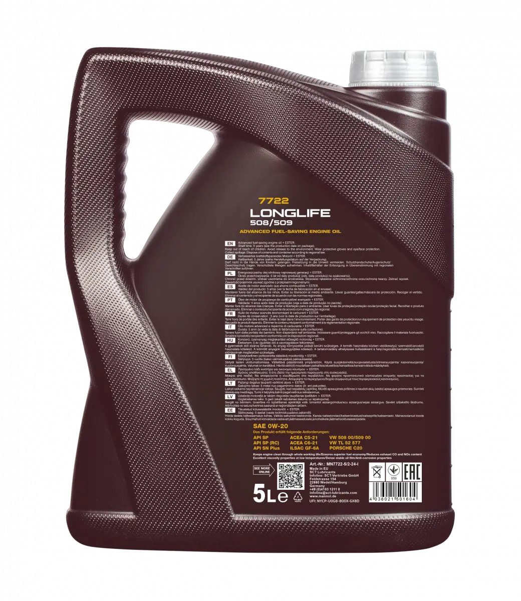 MANNOL 7722 (5L) LONGLIFE 508/509 0W-20 API SP (RC) API SP-SN PLUS Fully Synthetic Engine Oil for Car Engines | Imported from Germany 1