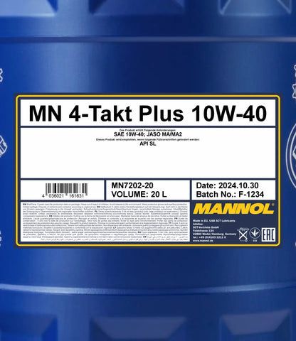MANNOL 7202 10W-40 Engine Oil - 4-TAKT PLUS SAE 10W-40 API SL Semi-Synthetic (1L) | Imported from Germany