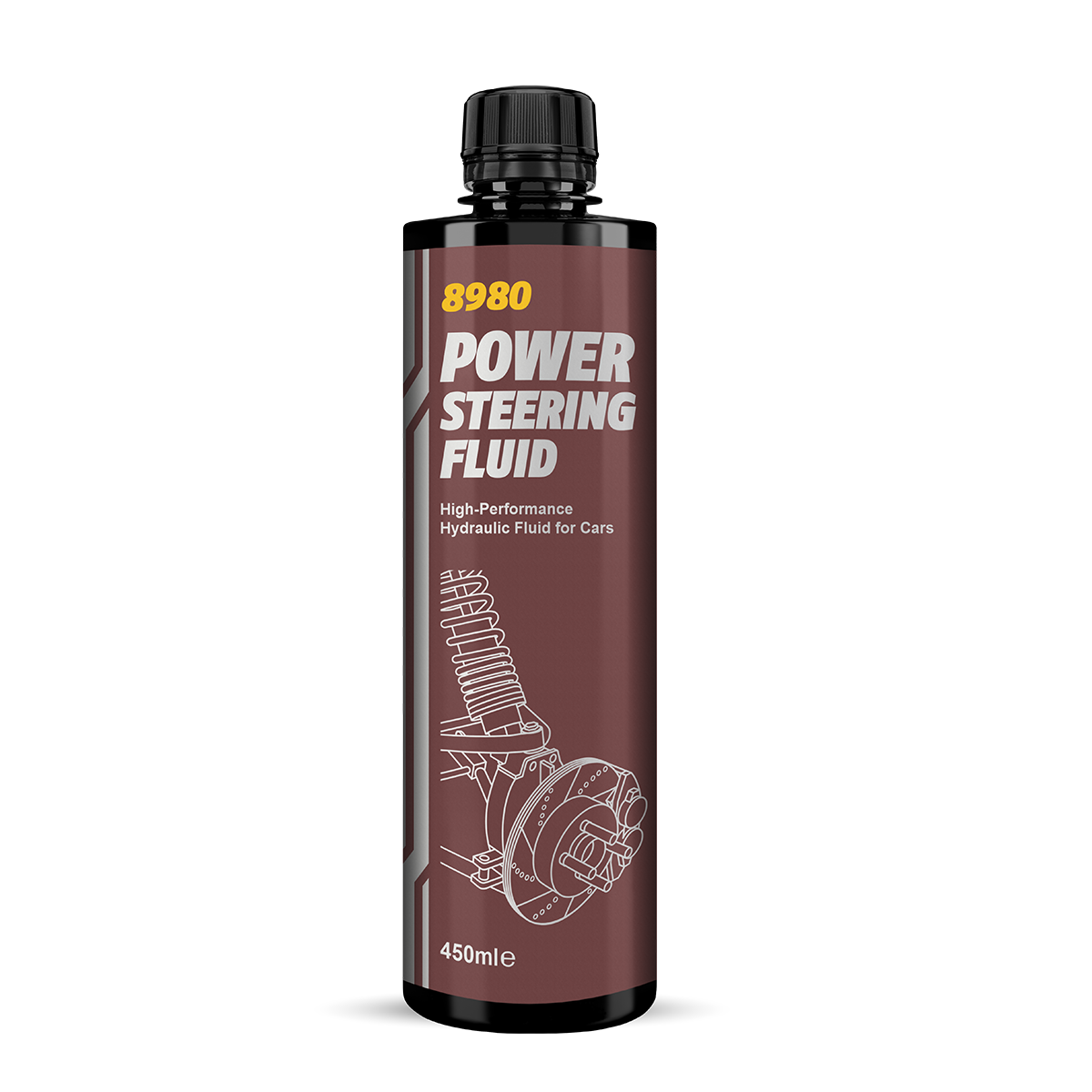 Bottle of 8980 power steering fluid on a white background