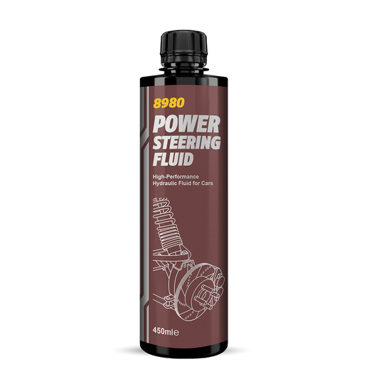 Bottle of 8980 power steering fluid on a white background