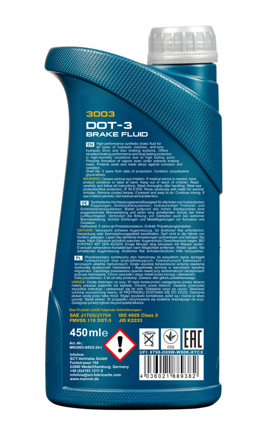 MANNOL 3003 DOT-3 Synthetic Brake Fluid  – SAE J1703 for Cars and Trucks