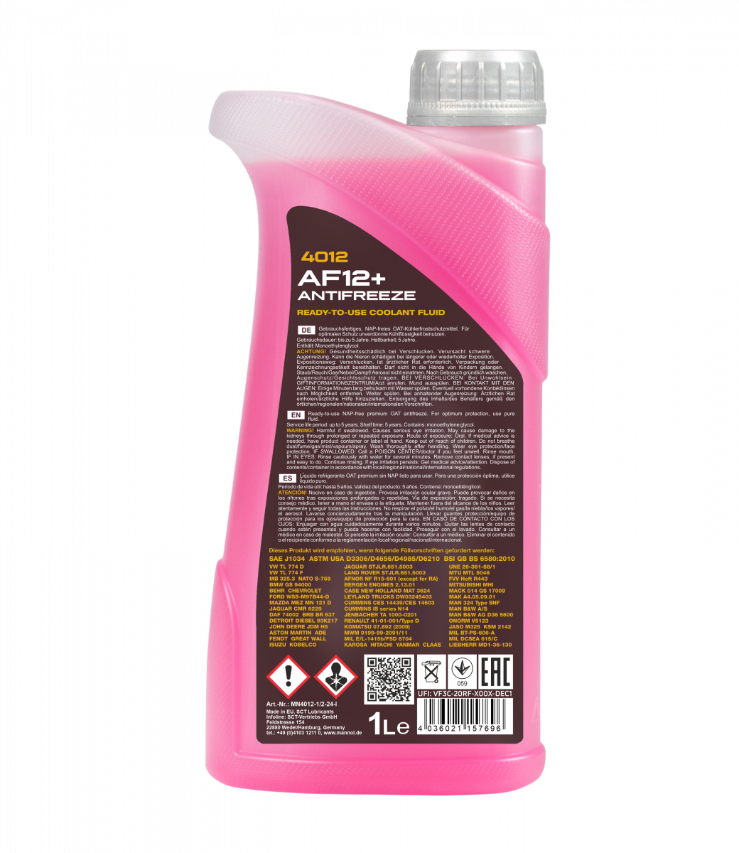 MANNOL 4012 AF12+ Antifreeze Coolant 1L – Ready to use - Engine Protection (Red OAT) | Imported from Germany