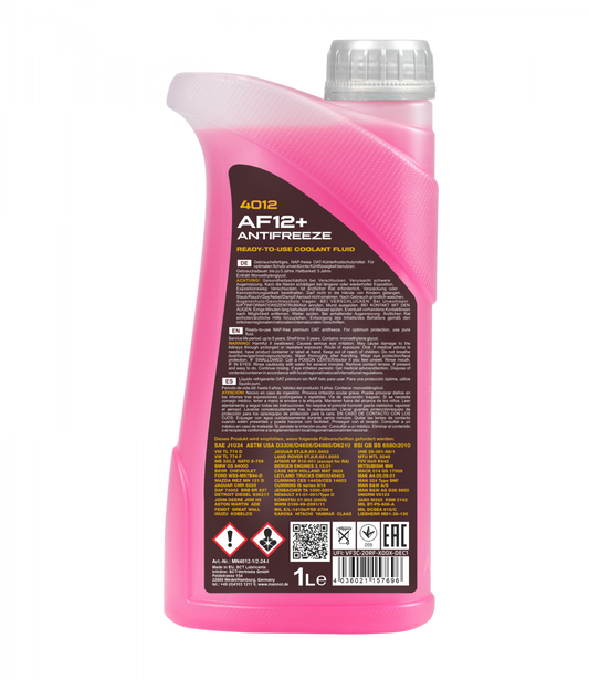 MANNOL 4012 AF12+ Antifreeze Coolant 1L – Ready to use - Engine Protection (Red OAT) | Imported from Germany