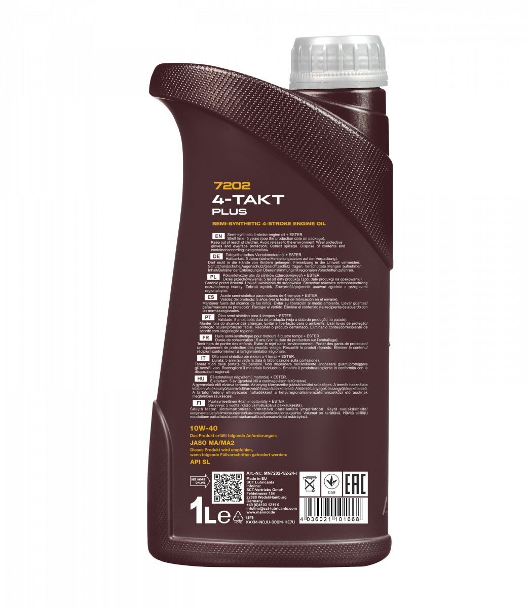 MANNOL 7202 4-TAKT PLUS SAE 10W-40 JASO MA/MA2 API SL 4T SEMI-SYNTHETIC ESTER CONTAINING ENGINE OIL FOR SCOOTERS,BIKES,OUTBOARD ENGINES,MOTOR BIKES IMPORTED FROM GERMANY (1 L)