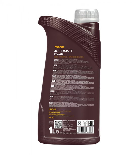 MANNOL 7202 4-TAKT PLUS SAE 10W-40 JASO MA/MA2 API SL 4T SEMI-SYNTHETIC ESTER CONTAINING ENGINE OIL FOR SCOOTERS,BIKES,OUTBOARD ENGINES,MOTOR BIKES IMPORTED FROM GERMANY (1 L)