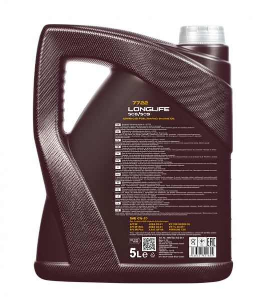 MANNOL 7722 (5L) LONGLIFE 508/509 SAE 0W-20 API SP (RC) API SP API SN PLUS FULLY SYNTHETIC ENGINE OIL FOR PETROL AND DIESEL ENGINES